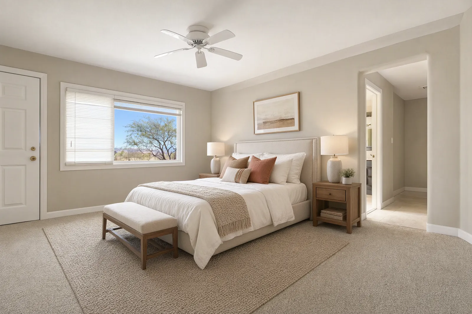 Primary bedroom staged with a bed, nightstands and rug