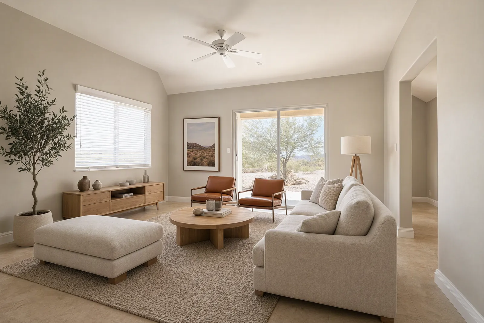 Great room staged with a sofa, chairs, rug and coffee table